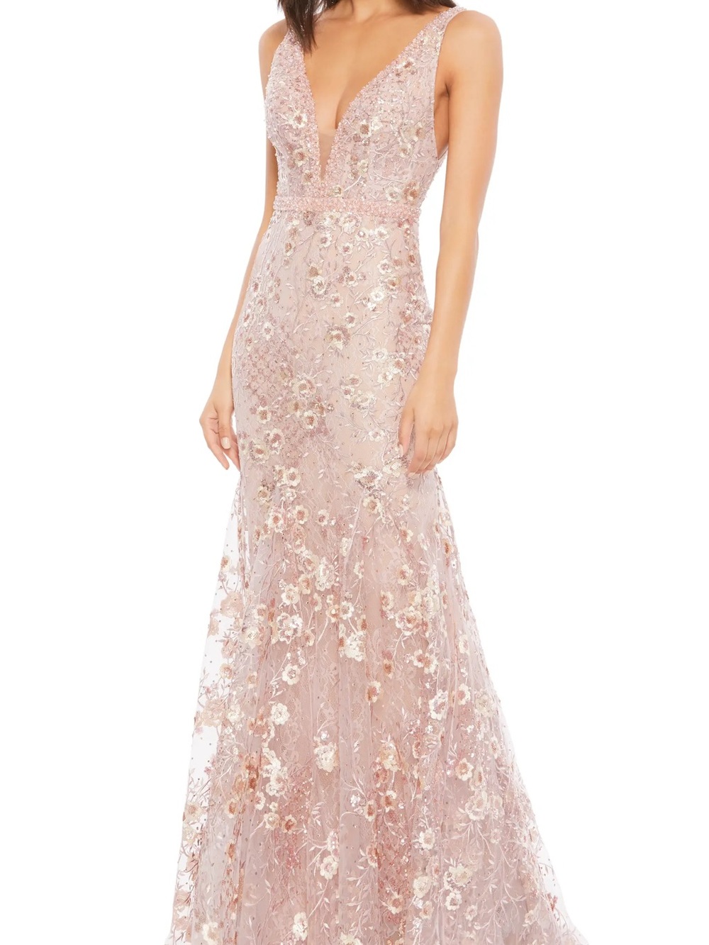 Mac Duggal Rose Pink Embellished V‑Neck Evening Gown